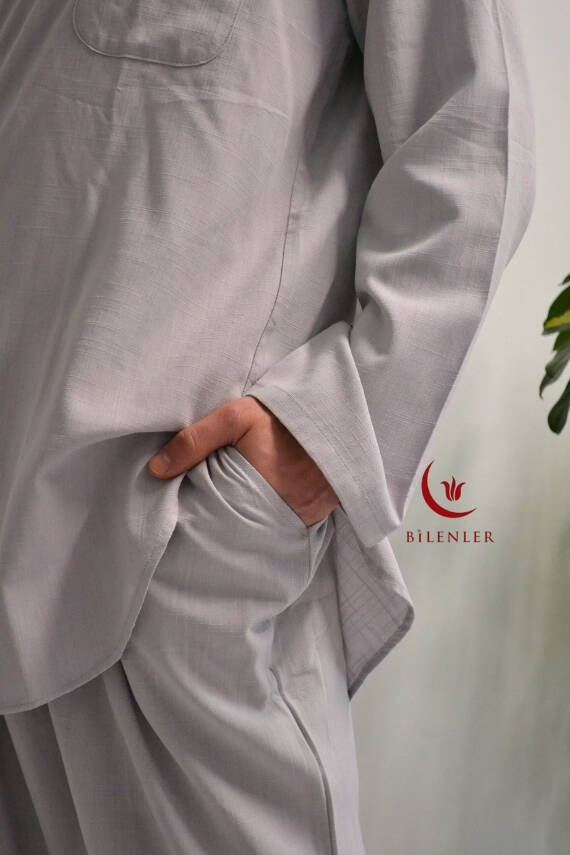 Afgan Model Pamuklu Keten Erkek Takım Gri– Rahat Kalıp - 3