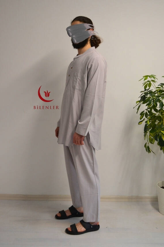 Afgan Model Pamuklu Keten Erkek Takım Gri– Rahat Kalıp - 4