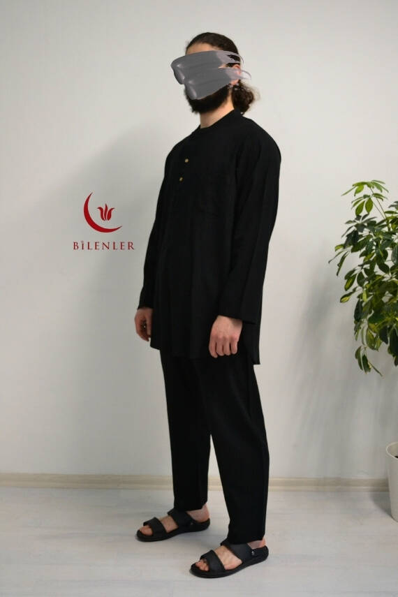 Afgan Model Pamuklu Keten Erkek Takım Siyah– Rahat Kalıp - 4