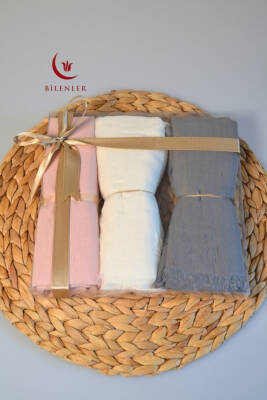 Bambu Kraş Şal 3’lü Set Beyaz/Füme/Pembe– 75x210 cm | Nefes Alabilir, Terletmez, Tok Duruşlu Mevsimlik Kumaş - 3