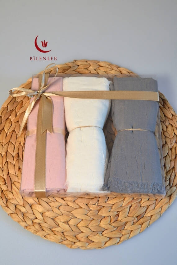 Bambu Kraş Şal 3’lü Set Beyaz/Füme/Pembe– 75x210 cm | Nefes Alabilir, Terletmez, Tok Duruşlu Mevsimlik Kumaş - 3