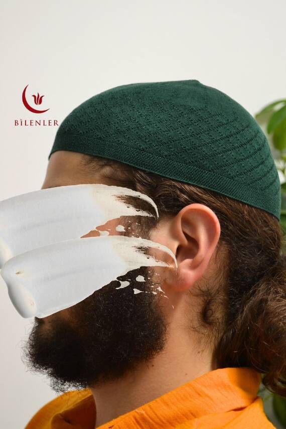 Erkek İnce Orlon Takke Yeşil – Makine İşi El Örmesi, Standart Beden - 1