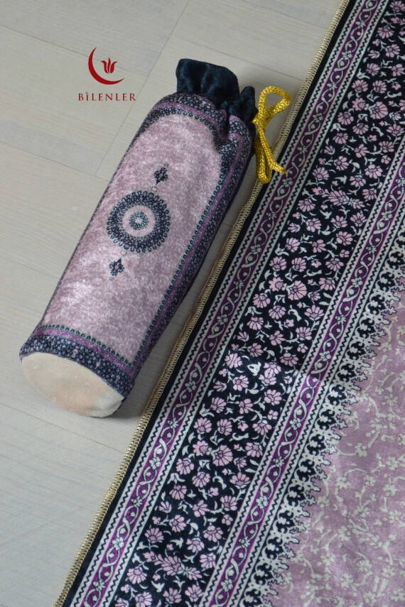 İpek Dokulu Keseli Seccade Mini Çiçek Desenli Lila - 2