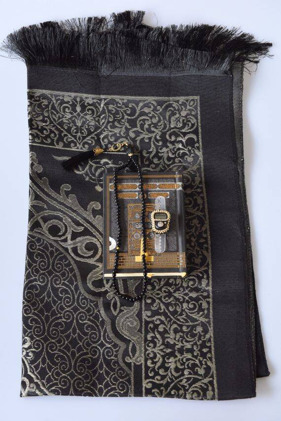 Kabe Desenli Kuranı Kerim-Seccade-Zikirmatik- Tesbih Hac & Umre Hediyelik Seti – Siyah (5 Parça Manevi Set) - 2