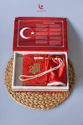 Kadife Kaplamalı Ahşap Plaket Kutu Kadife Kuran Türk Bayrağı İnci Tesbih Taşıma Çantalı Hediye Seti - 1