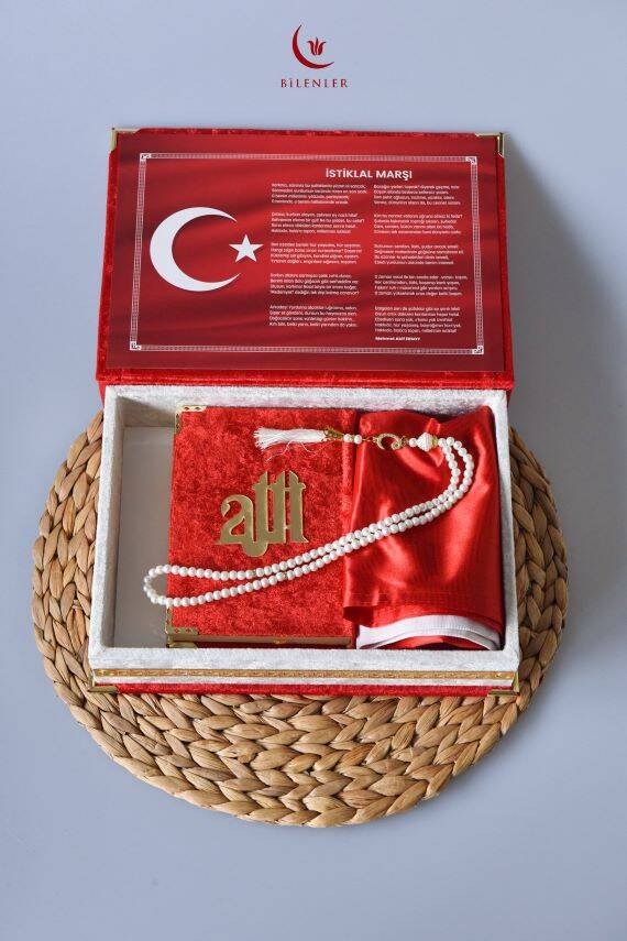 Kadife Kaplamalı Ahşap Plaket Kutu Kadife Kuran Türk Bayrağı İnci Tesbih Taşıma Çantalı Hediye Seti - 1