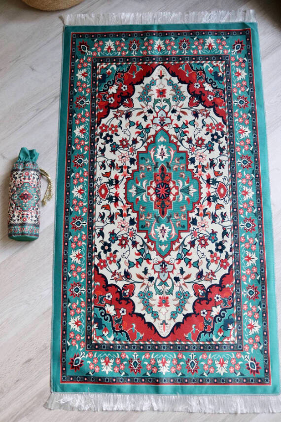 Kilim Desenli İpek Dokulu Keseli Seccade Yeşil - 5