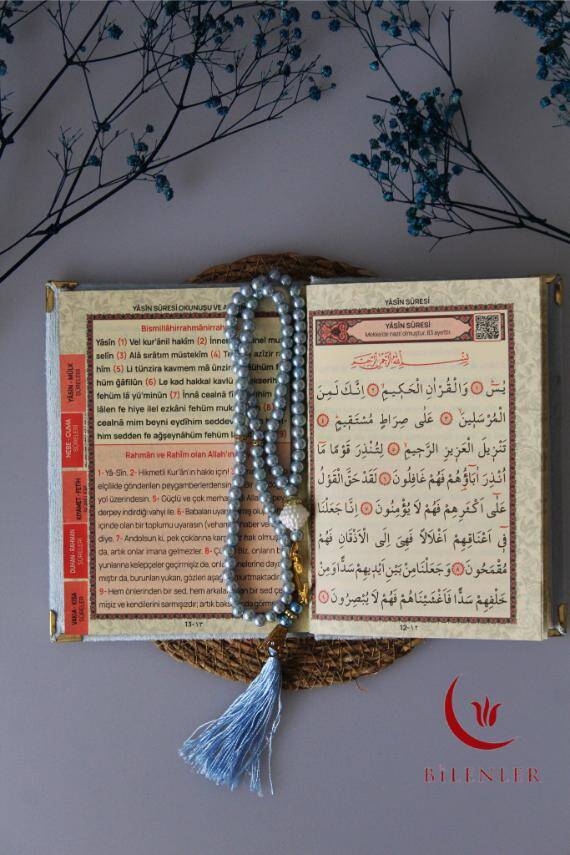 Kutulu 128 Sayfa Kadife Yasin ve İnci Tesbih Seti Mavi - 5