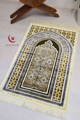 Lüks Kadife Seccade - 70x110 cm - Kalın Yumuşak Doku-Mihrap Desen Haki - 4
