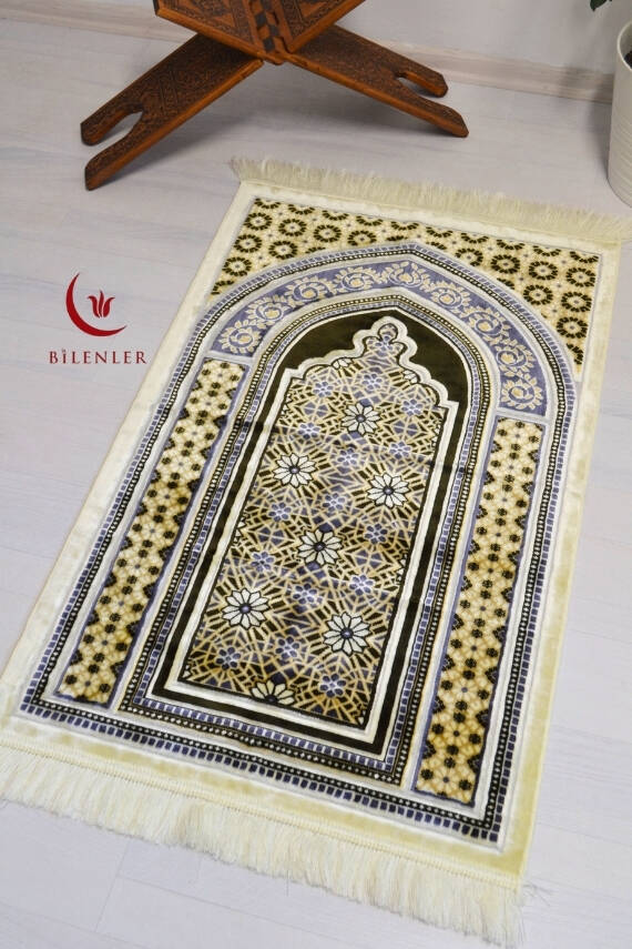 Lüks Kadife Seccade - 70x110 cm - Kalın Yumuşak Doku-Mihrap Desen Haki - 4