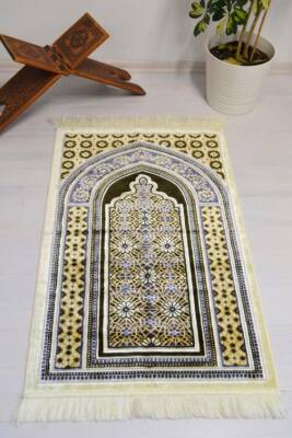 Lüks Kadife Seccade - 70x110 cm - Kalın Yumuşak Doku-Mihrap Desen Haki 