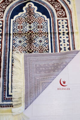 Lüks Kadife Seccade - 70x110 cm - Kalın Yumuşak Doku-Mihrap Desen Lacivert - 3