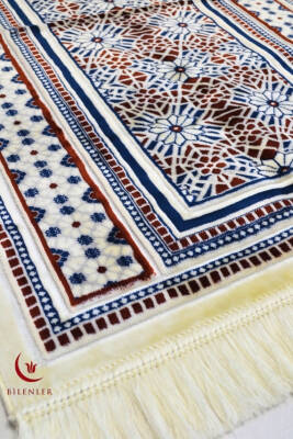 Lüks Kadife Seccade - 70x110 cm - Kalın Yumuşak Doku-Mihrap Desen Lacivert - 2