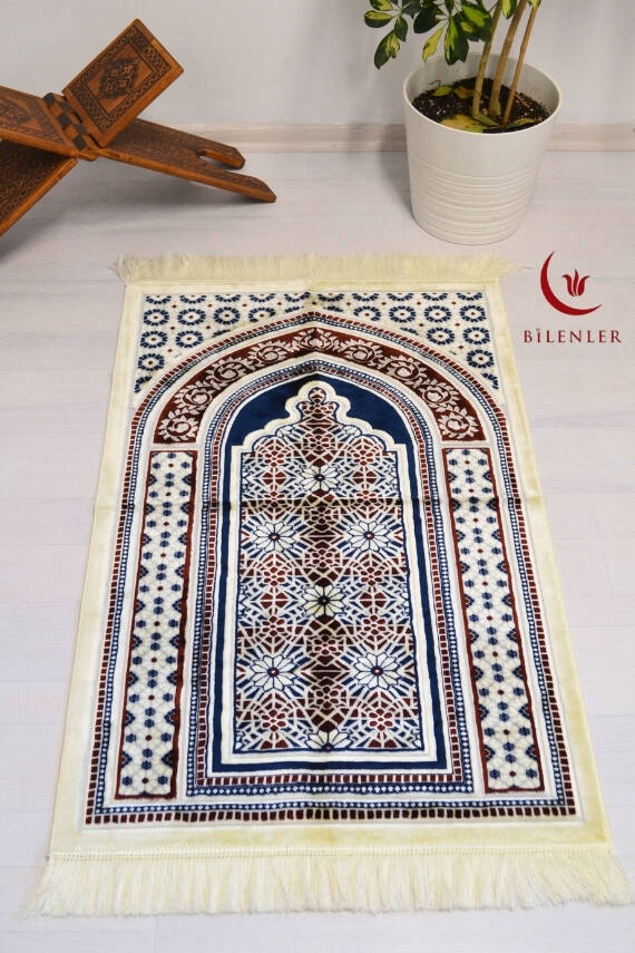 Lüks Kadife Seccade - 70x110 cm - Kalın Yumuşak Doku-Mihrap Desen Lacivert - 1