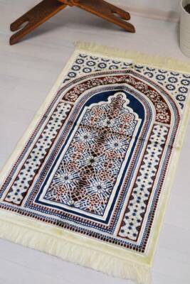 Lüks Kadife Seccade - 70x110 cm - Kalın Yumuşak Doku-Mihrap Desen Lacivert - 4