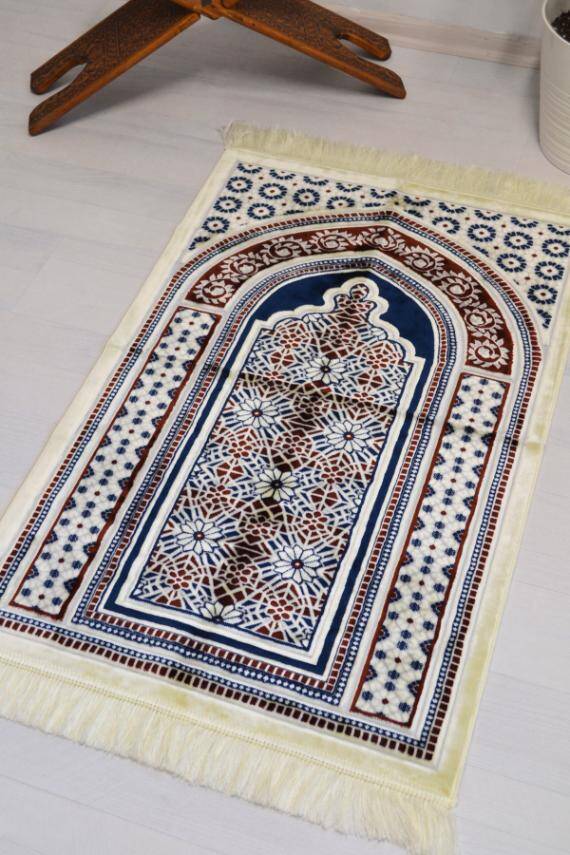 Lüks Kadife Seccade - 70x110 cm - Kalın Yumuşak Doku-Mihrap Desen Lacivert - 4