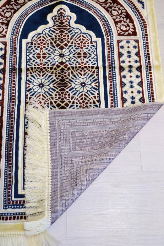 Lüks Kadife Seccade - 70x110 cm - Kalın Yumuşak Doku-Mihrap Desen Lacivert - 3