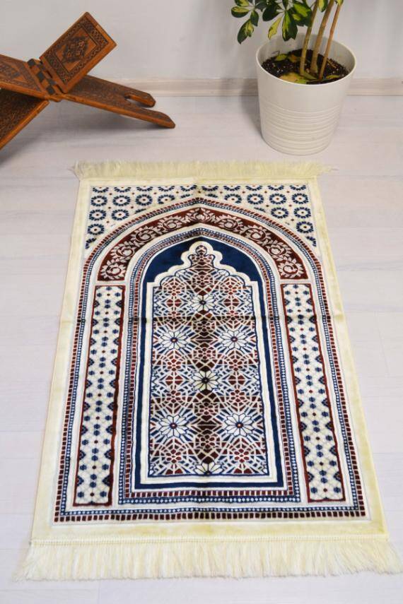 Lüks Kadife Seccade - 70x110 cm - Kalın Yumuşak Doku-Mihrap Desen Lacivert - 1