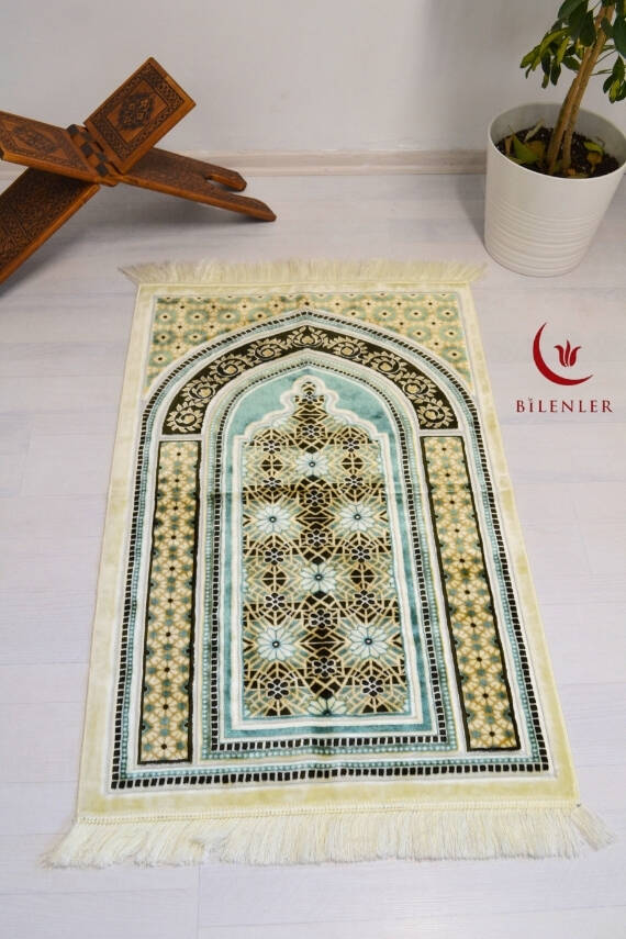 Lüks Kadife Seccade - 70x110 cm - Kalın Yumuşak Doku-Mihrap Desen Su Yeşili - 1
