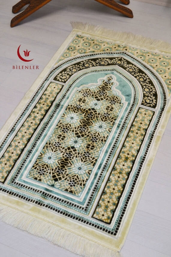 Lüks Kadife Seccade - 70x110 cm - Kalın Yumuşak Doku-Mihrap Desen Su Yeşili - 4