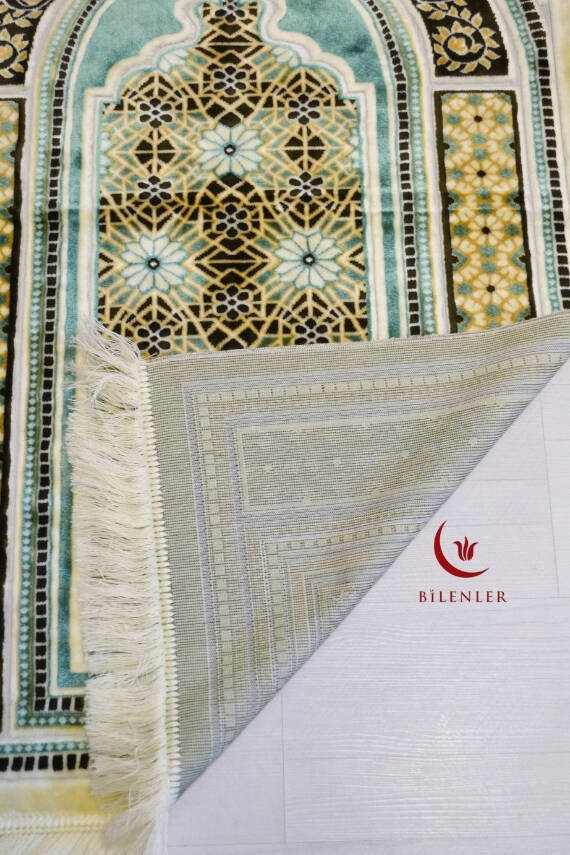 Lüks Kadife Seccade - 70x110 cm - Kalın Yumuşak Doku-Mihrap Desen Su Yeşili - 3