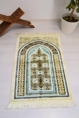 Lüks Kadife Seccade - 70x110 cm - Kalın Yumuşak Doku-Mihrap Desen Su Yeşili 