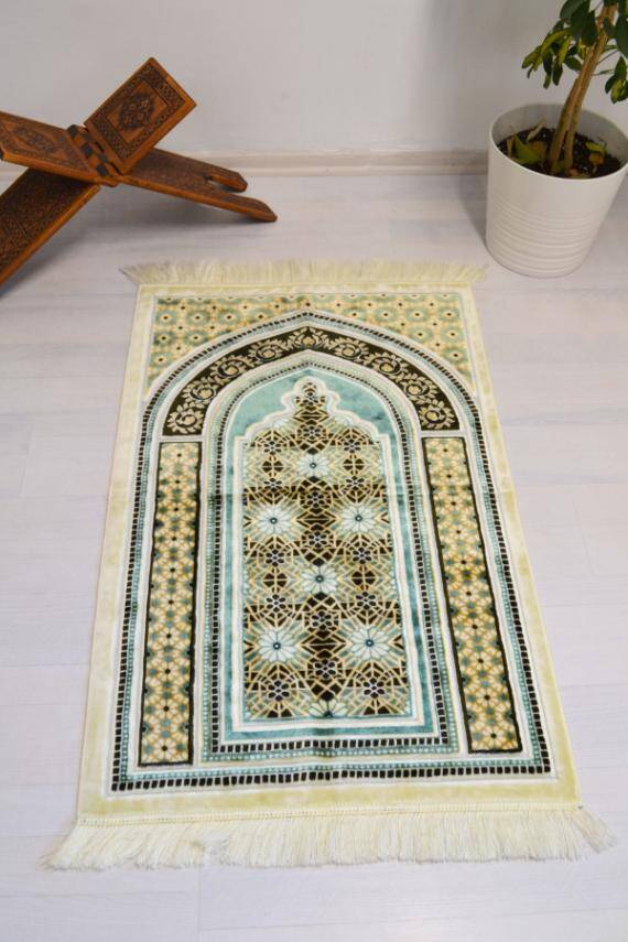 Lüks Kadife Seccade - 70x110 cm - Kalın Yumuşak Doku-Mihrap Desen Su Yeşili - 1