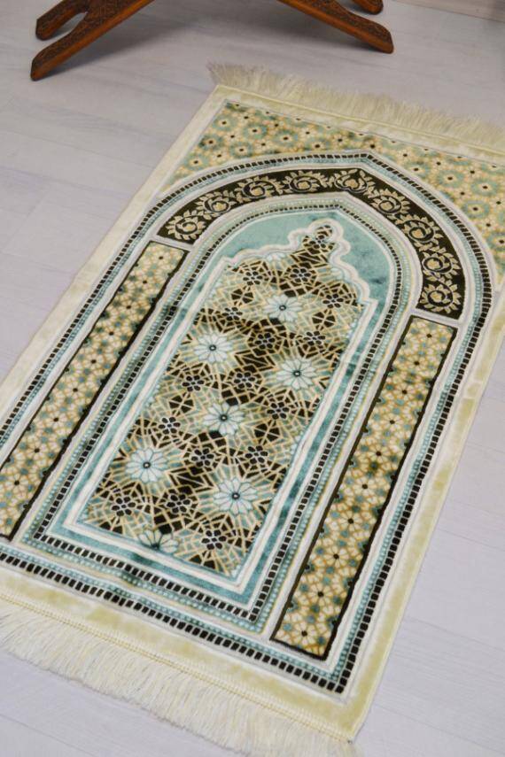 Lüks Kadife Seccade - 70x110 cm - Kalın Yumuşak Doku-Mihrap Desen Su Yeşili - 4