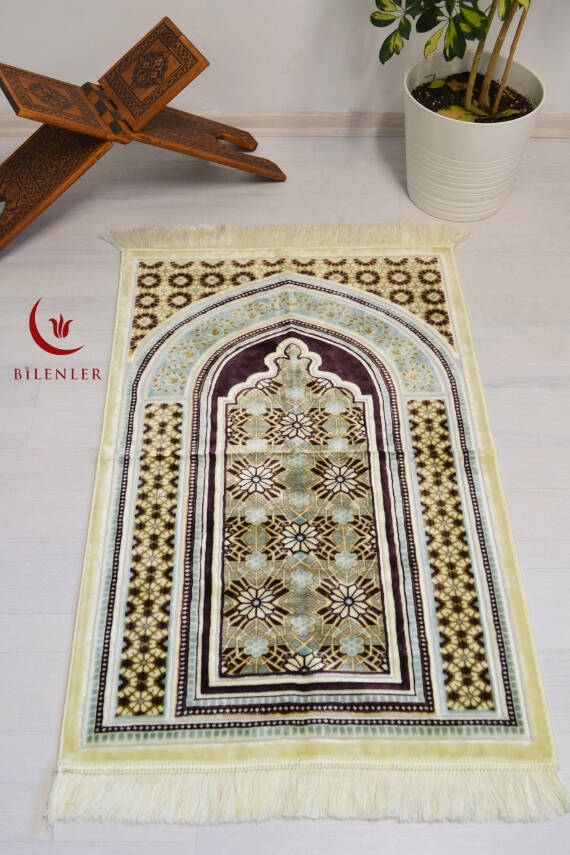 Lüks Kadife Seccade - 70x110 cm - Kalın Yumuşak Doku-Mihrap Desen Mor - 1