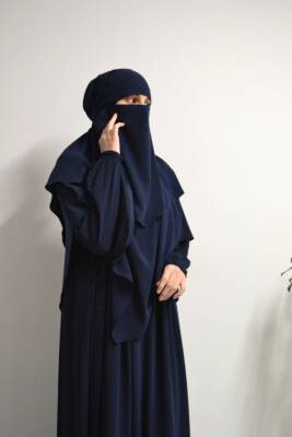 Medine İpeği Elbise- Sufle ve Peçe Takım Üç Parça Set Lacivert 