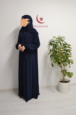 Medine İpeği Kendinden Şallı Ferace Lacivert - 5