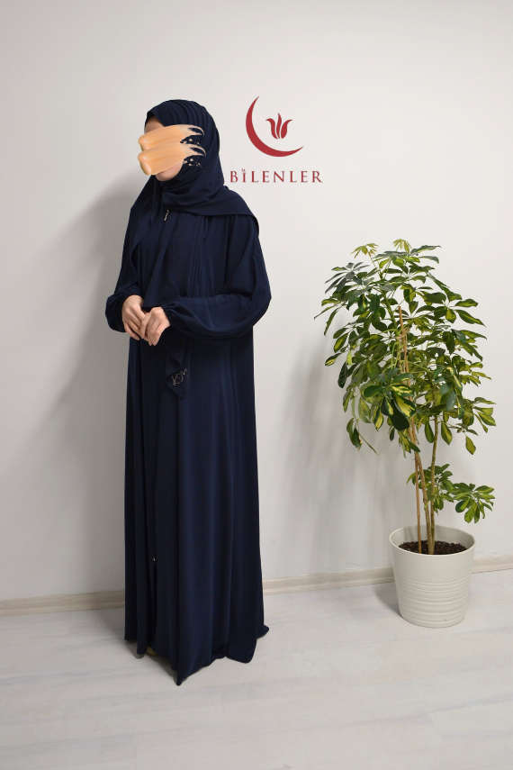Medine İpeği Kendinden Şallı Ferace Lacivert - 5