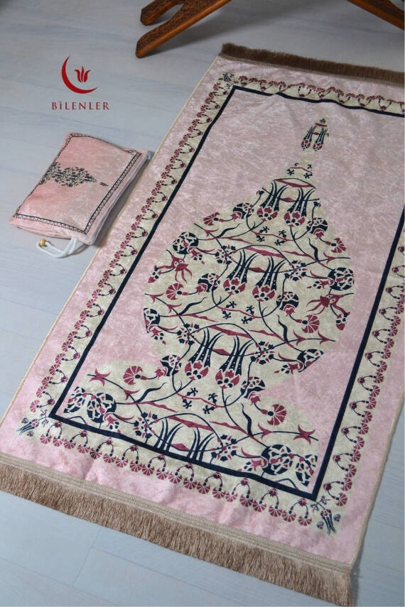Pratik ve Taşınabilir İpek Dokulu Çantalı Seccade Açık Pembe - 1