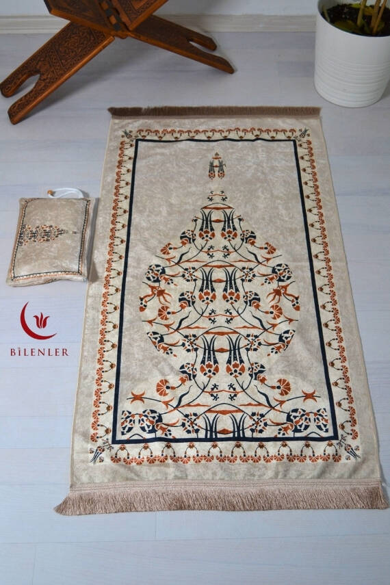 Pratik ve Taşınabilir İpek Dokulu Çantalı Seccade Krem - 1
