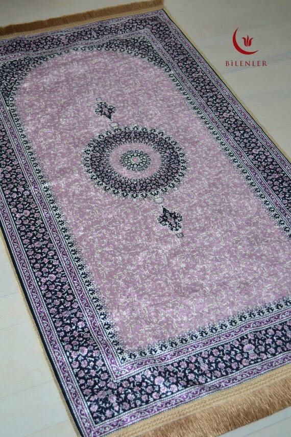 Pratik ve Taşınabilir İpek Dokulu Çantalı Seccade Mini Çiçek Desenli Lila - 3
