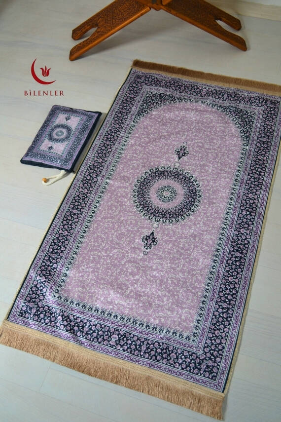 Pratik ve Taşınabilir İpek Dokulu Çantalı Seccade Mini Çiçek Desenli Lila - 1