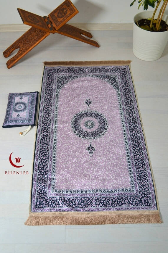 Pratik ve Taşınabilir İpek Dokulu Çantalı Seccade Mini Çiçek Desenli Lila - 4