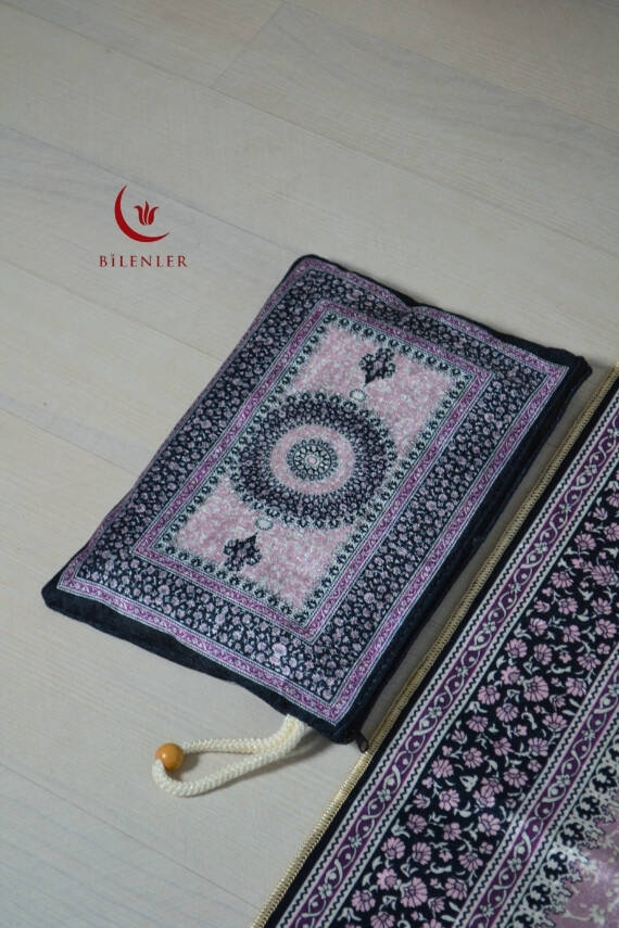 Pratik ve Taşınabilir İpek Dokulu Çantalı Seccade Mini Çiçek Desenli Lila - 2