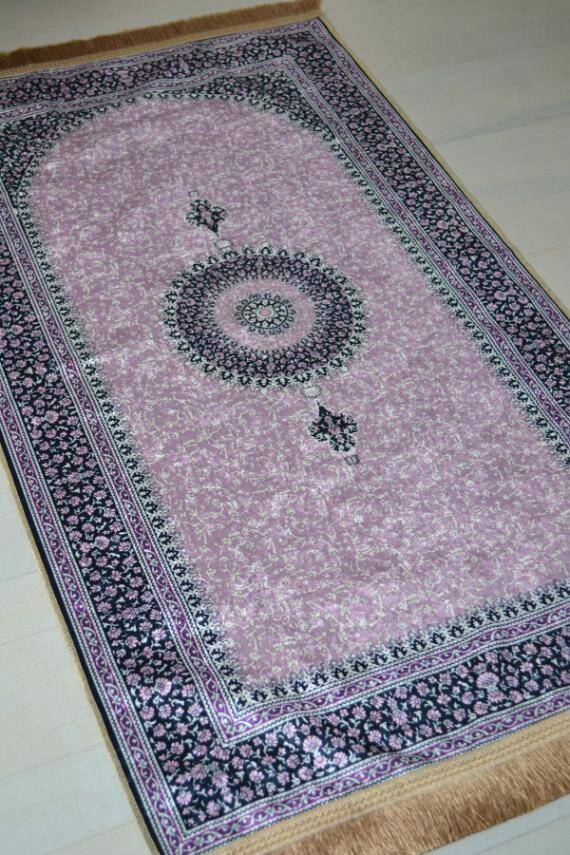 Pratik ve Taşınabilir İpek Dokulu Çantalı Seccade Mini Çiçek Desenli Lila - 4